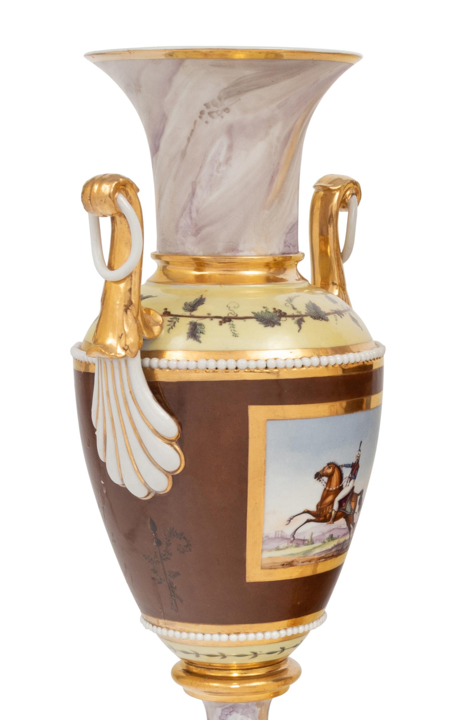 A Pair of Continental Faux Marble, Yellow and Chocolate Brown-Ground Porcelain Vases