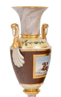 A Pair of Continental Faux Marble, Yellow and Chocolate Brown-Ground Porcelain Vases