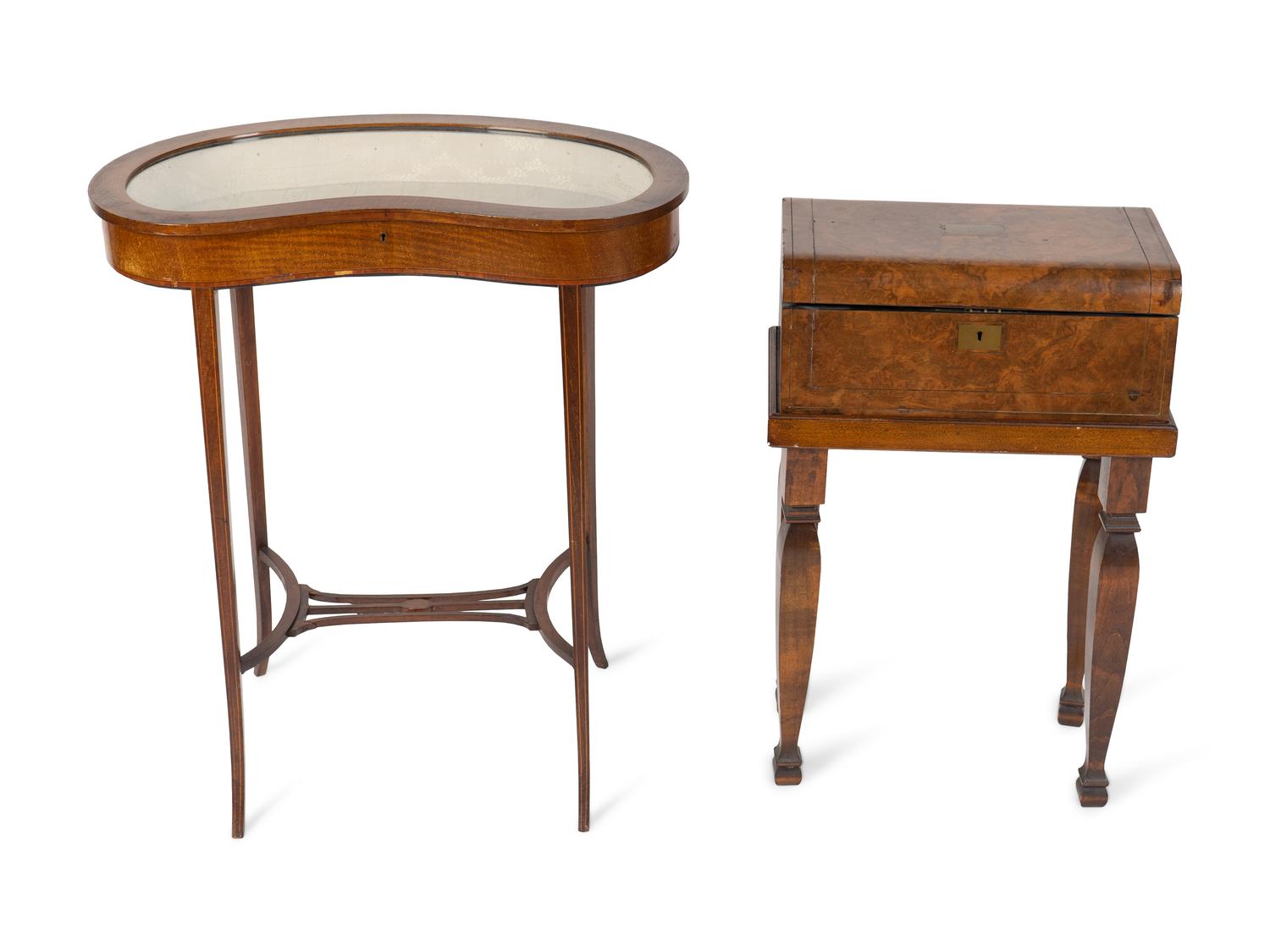 A Victorian Style Burl Walnut Lap Desk on Stand and a George III Style Kidney-Shaped Inlaid Mahogany Vitrine Table — EARLY 20TH CENTURY