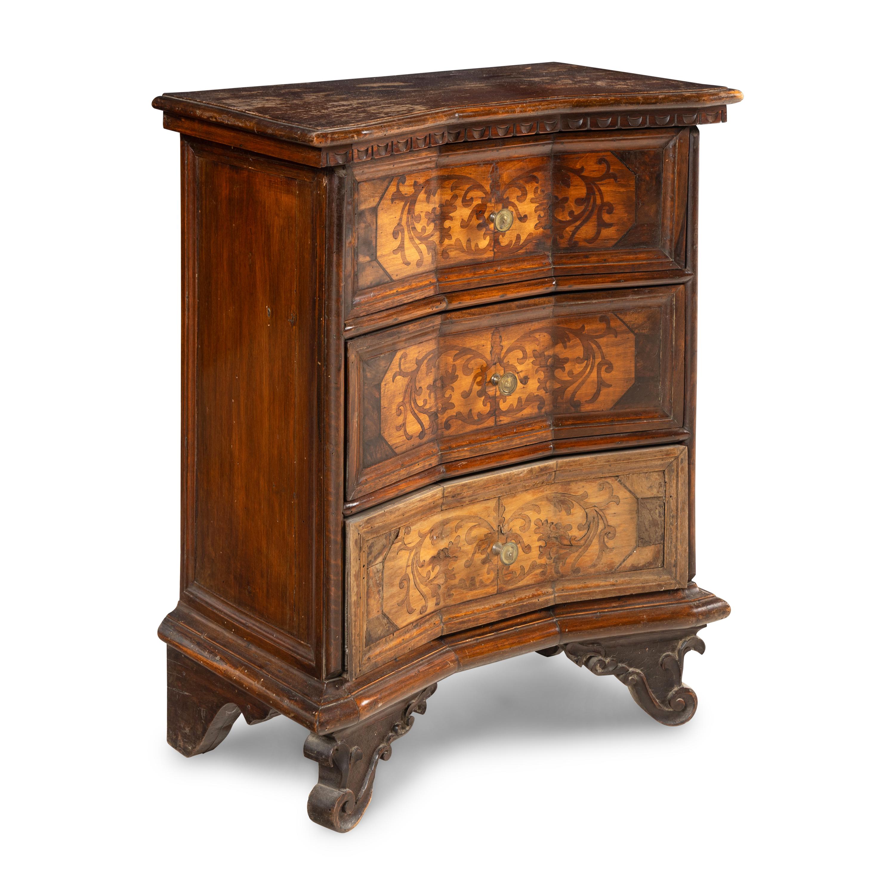 An Italian Baroque Style Inlaid Walnut Commodino