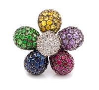 An 18 Karat White Gold, Diamond, and Multigem En Tremblant Flower Motif Ring, 13.70 dwts.
