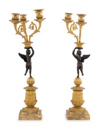 A Pair of Empire Style Gilt and Patinated Bronze Figural Candelabra