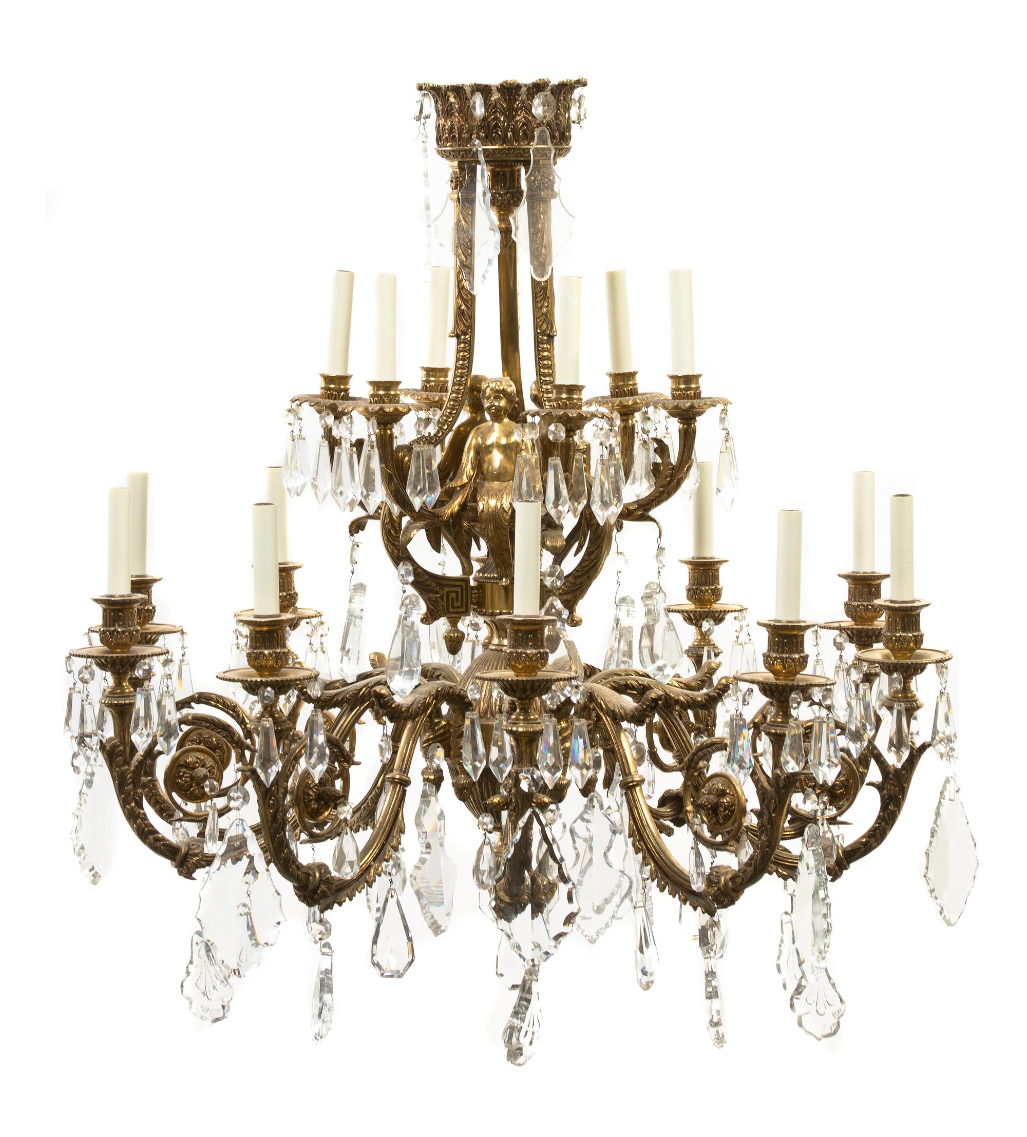 A Neoclassical Gilt Bronze Sixteen-Light Chandelier, Height 37 x diameter 36 inches.