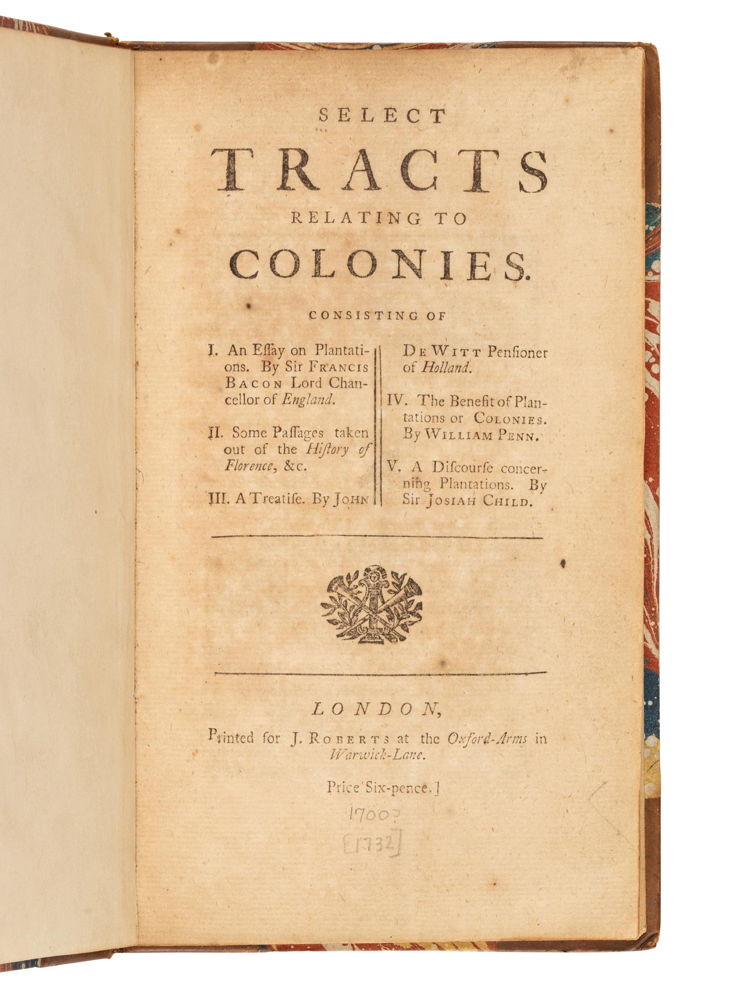 [GEORGIA] -- [OGLETHORPE, James Edward (1696-1785), editor?]. Select Tracts Relating to Colonies. London: J. Roberts, [ca 1732].