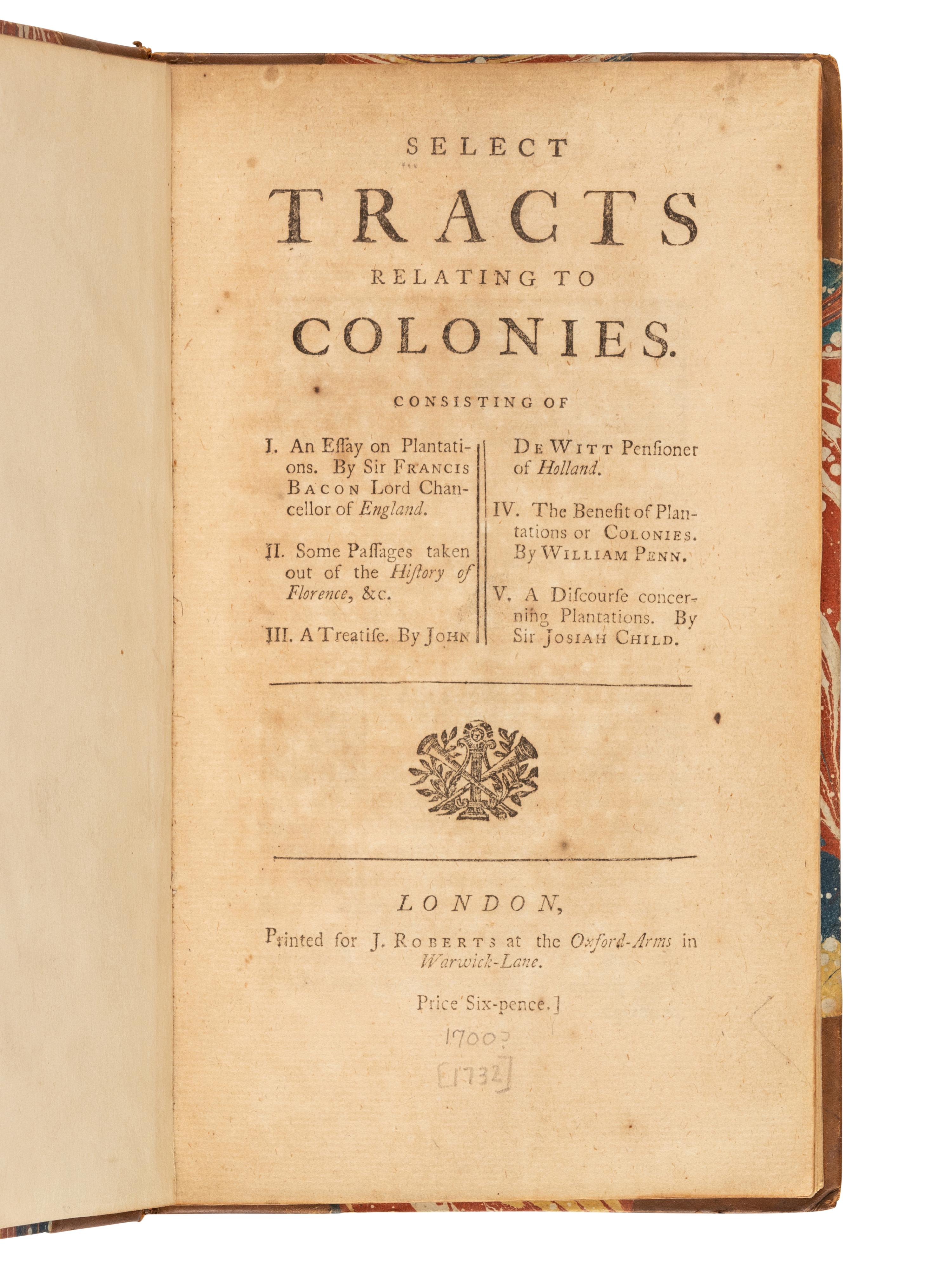 [GEORGIA] -- [OGLETHORPE, James Edward (1696-1785), editor?]. Select Tracts Relating to Colonies. London: J. Roberts, [ca 1732].