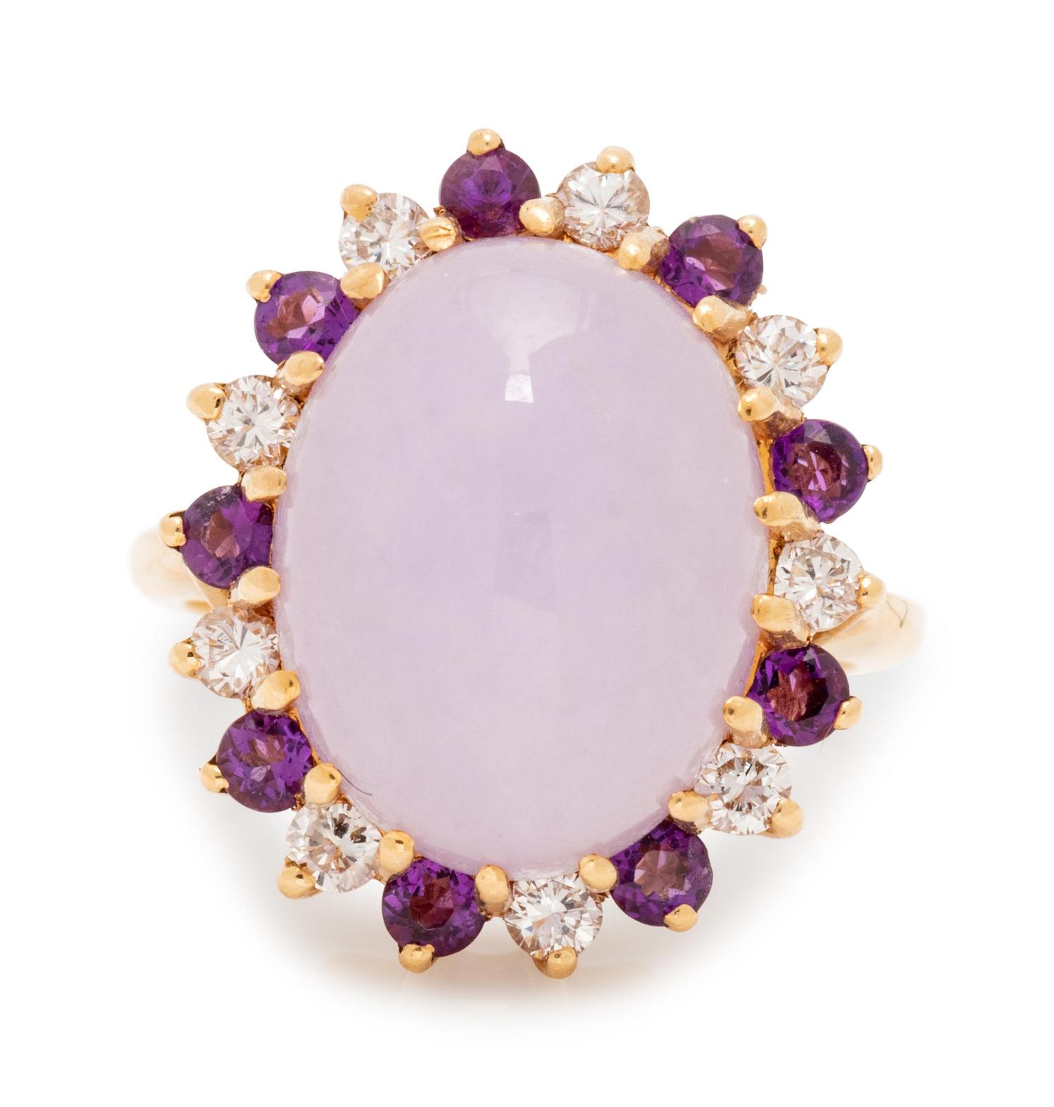 A 14 Karat Yellow Gold, Lavender Jade, Diamond and Amethyst Ring,