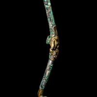 A Chinese Gilt, Silvered and Turquoise Inlaid Bronze Belt Hook, Warring States Period 戰國 銅 鎏金錯銀嵌松石雙獸首帶鉤