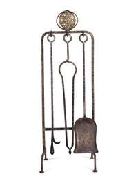 A French Wrought Iron Fire Screen with Posset Cup Holders and a Set of Tools