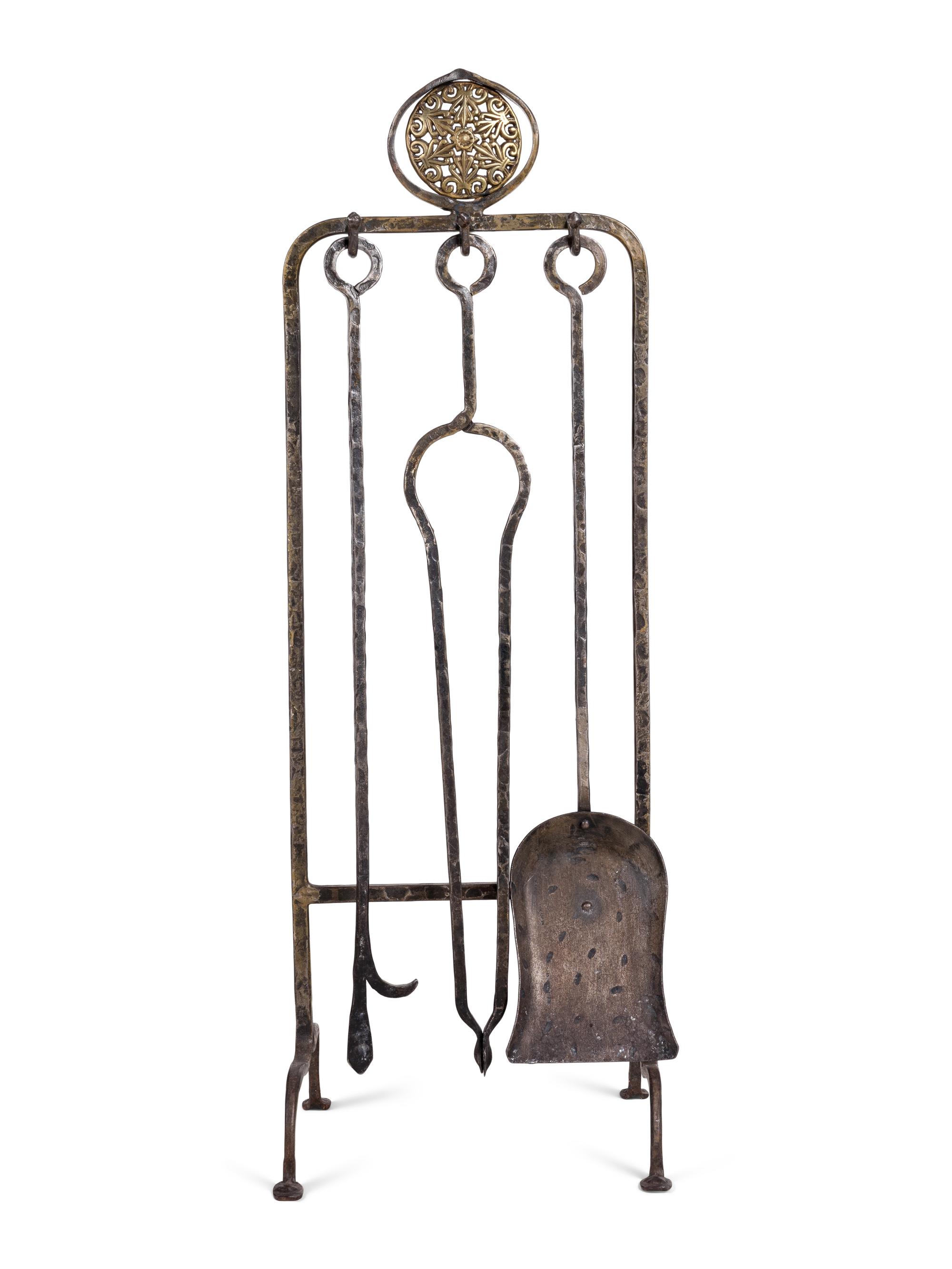 A French Wrought Iron Fire Screen with Posset Cup Holders and a Set of Tools