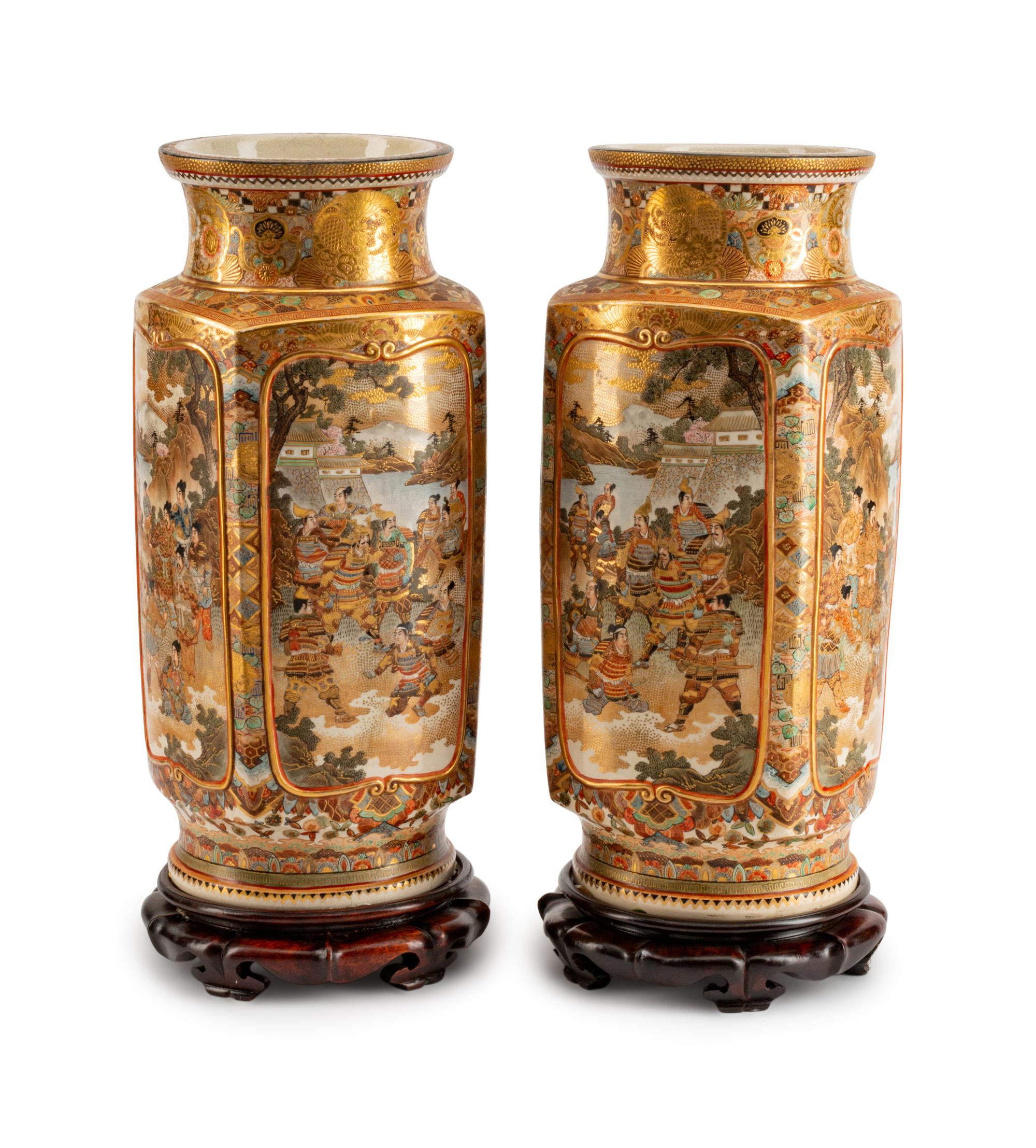 A Pair of Satsuma Earthenware Vases — MEIJI PERIOD
