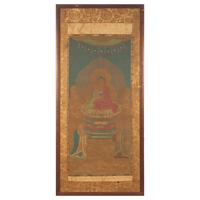 Chinese School, Seated Buddha with Two Attendants, Late Ming-Early Qing Dynasty, 明末清初 絹本設色如來佛像