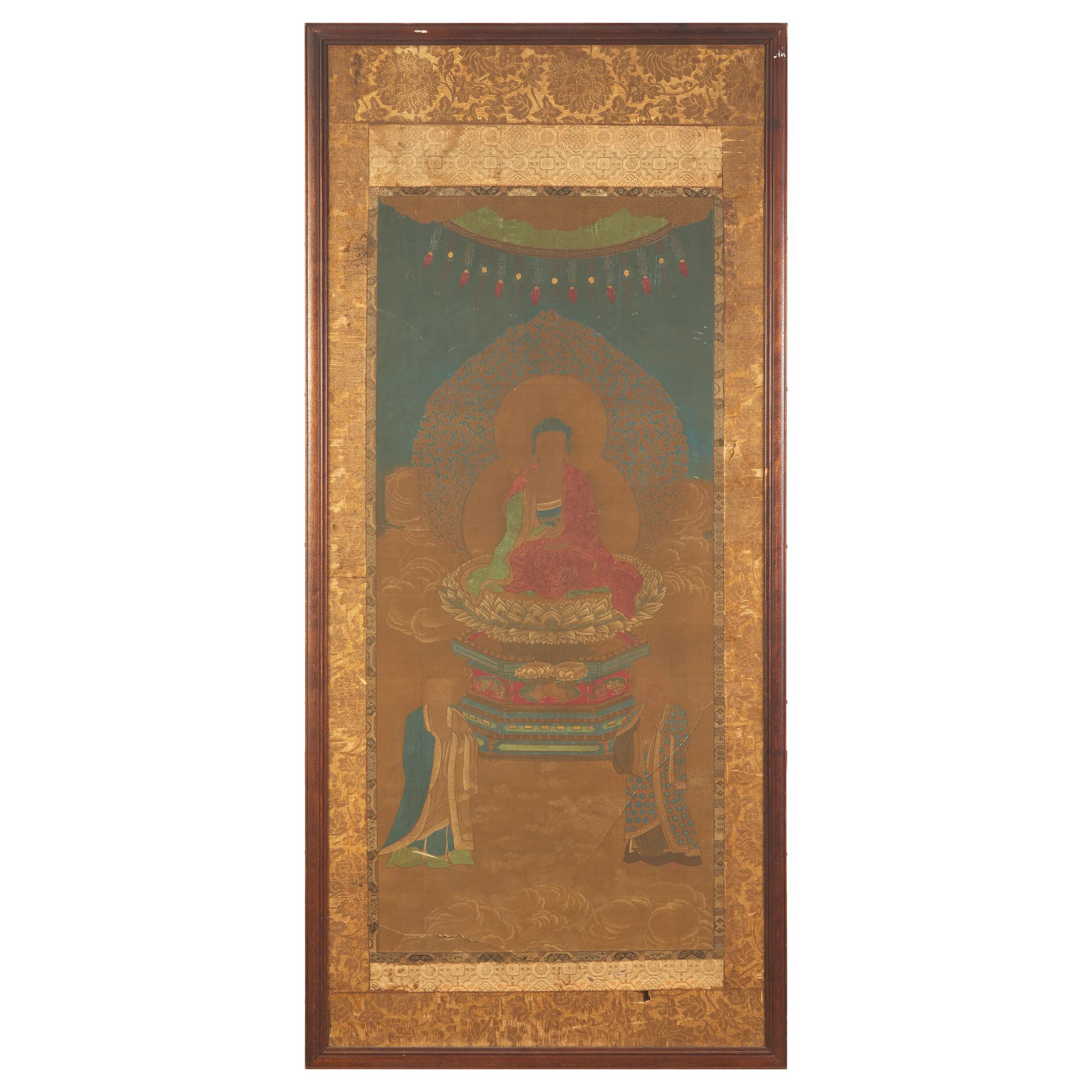 Chinese School, Seated Buddha with Two Attendants, Late Ming-Early Qing Dynasty, 明末清初 絹本設色如來佛像