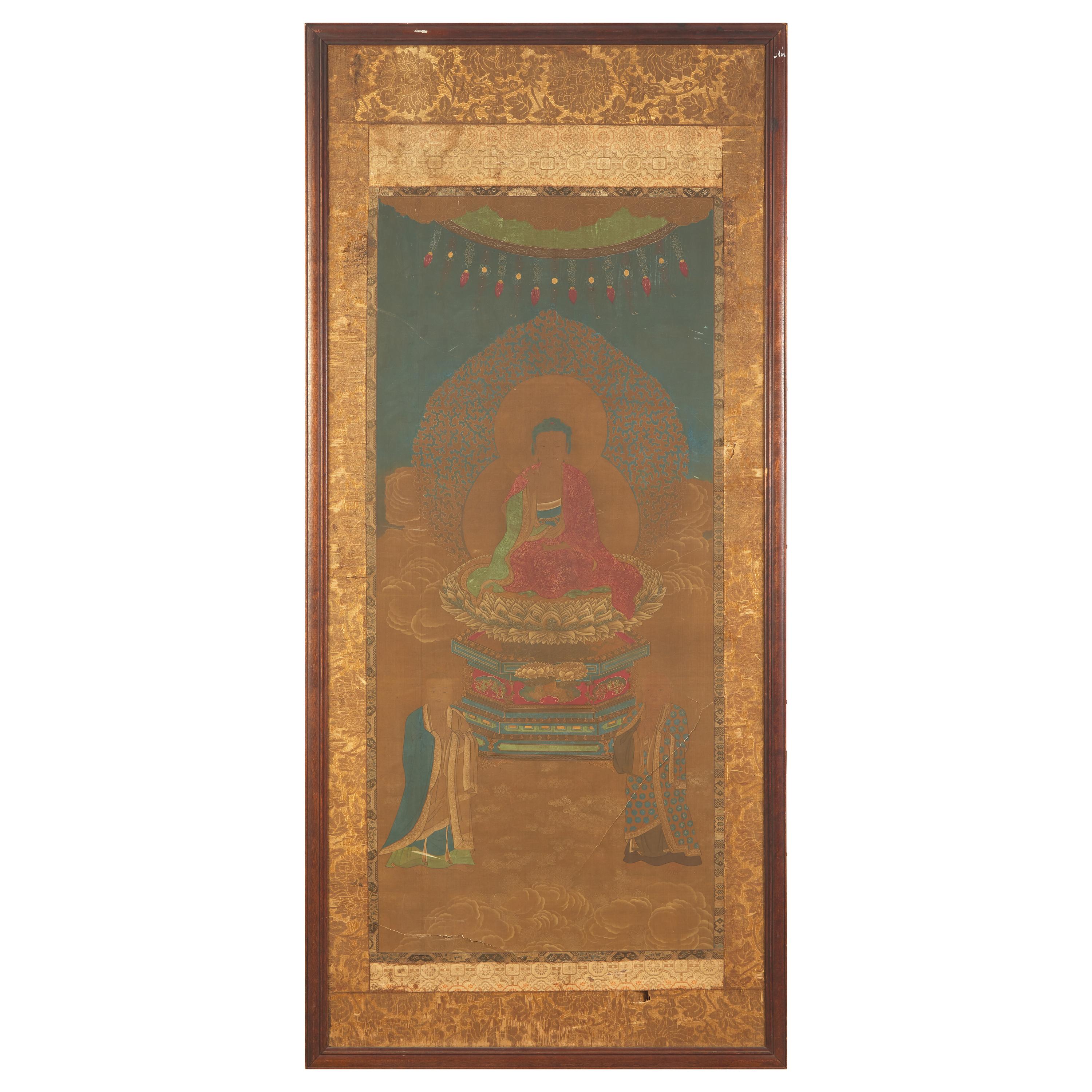Chinese School, Seated Buddha with Two Attendants, Late Ming-Early Qing Dynasty, 明末清初 絹本設色如來佛像