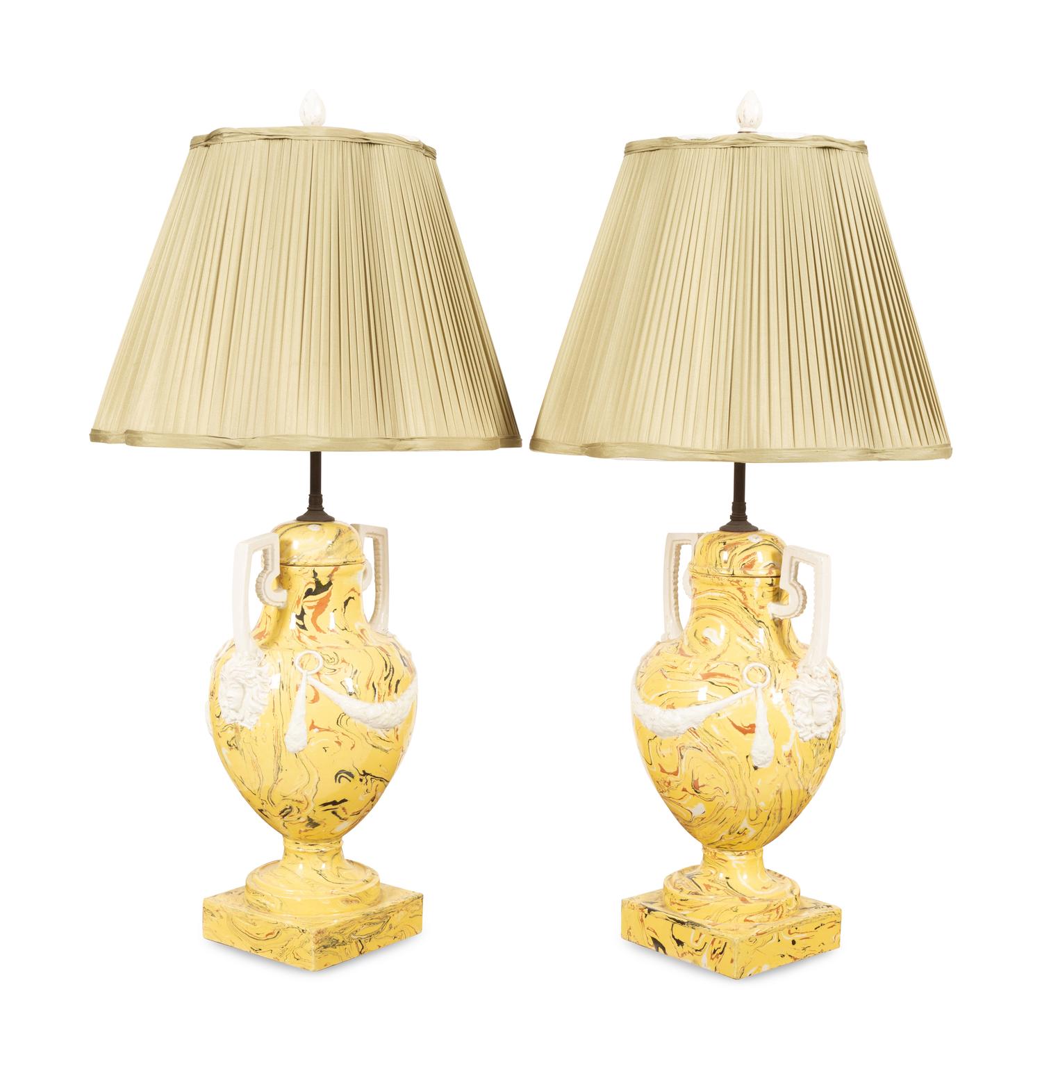 A Pair of Italian Glazed Ceramic Aptware Urns Mounted as Lamps