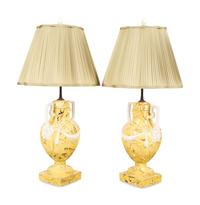 A Pair of Italian Glazed Ceramic Aptware Urns Mounted as Lamps