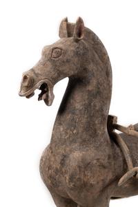 A Team of Chinese Monumental Terra Cotta Horses with a Two-Wheeled Chariot