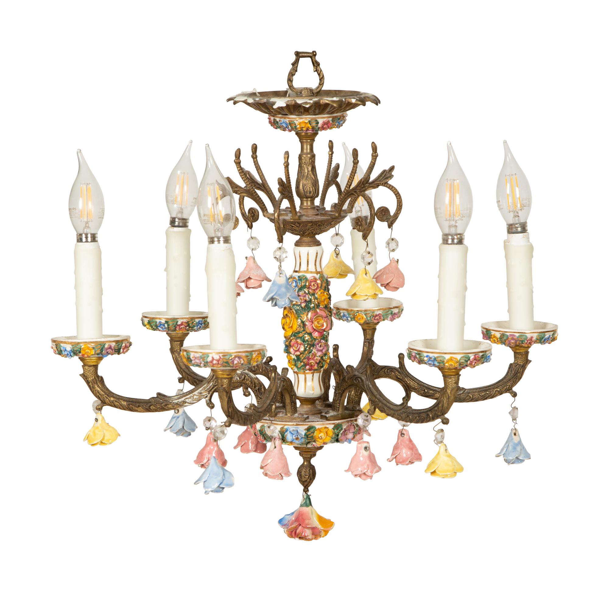 A Continental Gilt Metal and Porcelain Six-Light Chandelier — 20th Century