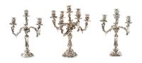 A Group of Three Silver Candelabra, Harry Smith, Perrysville, IN, comprising a seven-light example and two four-light examples.