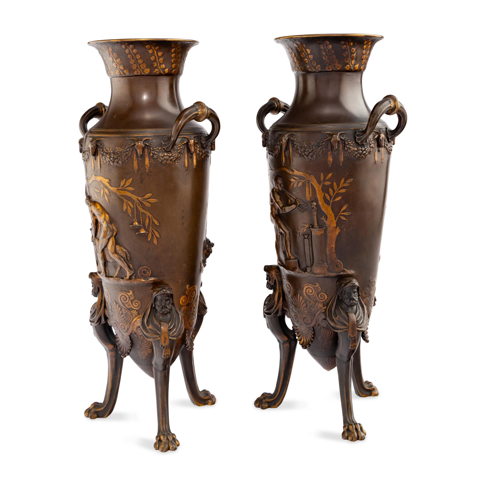 A Pair of Neoclassical Patinated and Parcel Gilt Bronze Vases