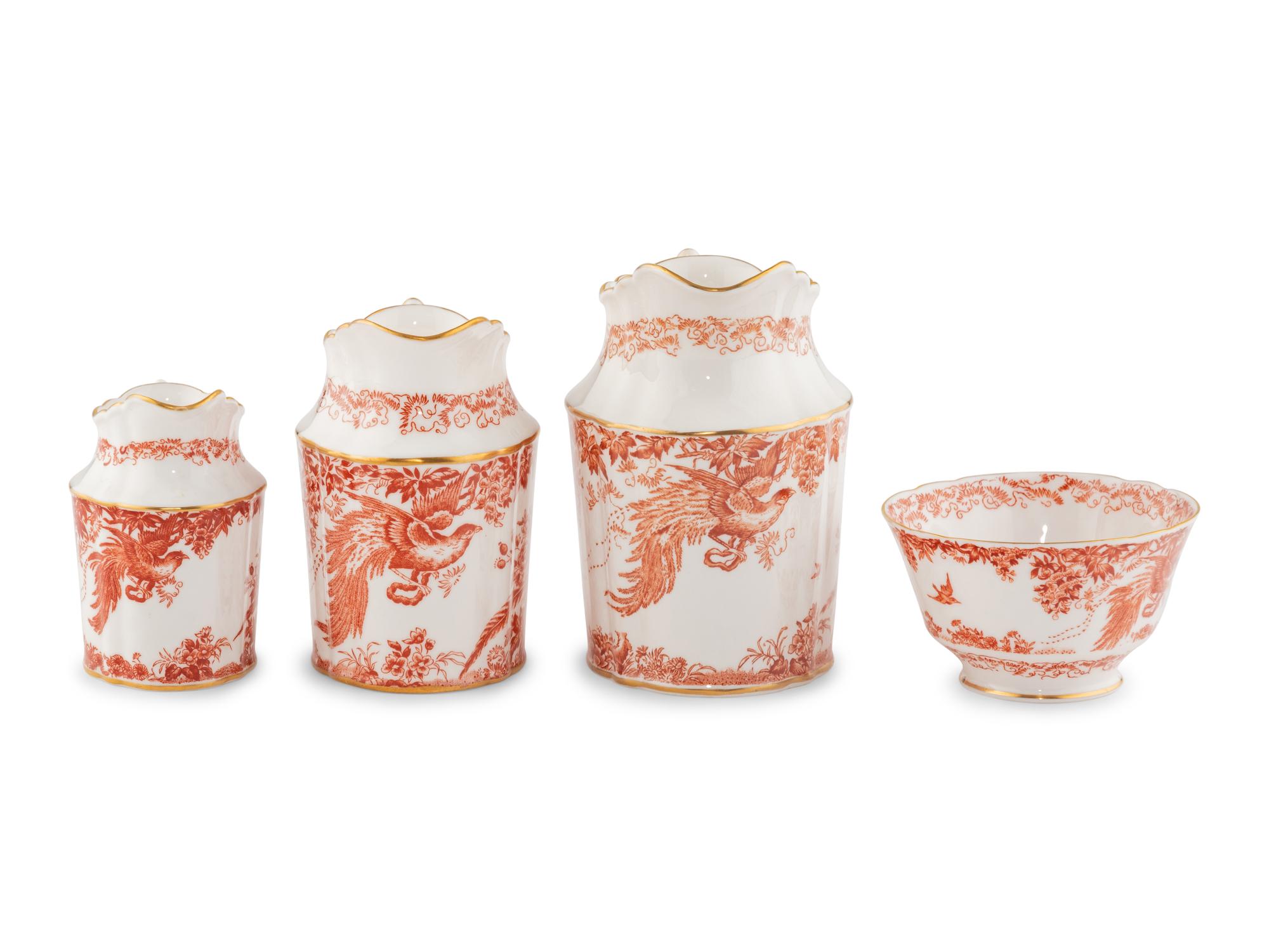 A Group of Royal Crown Derby Red Aves Porcelain Table Articles