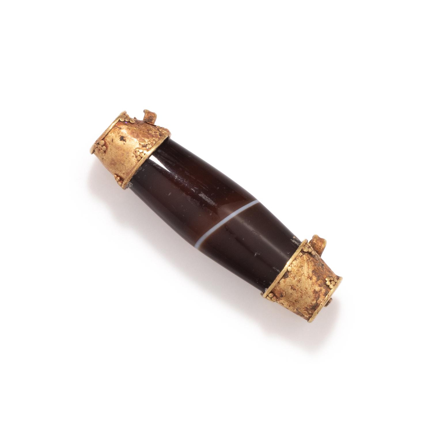 A Western Asiatic Gold and Banded Agate Bead Pendant