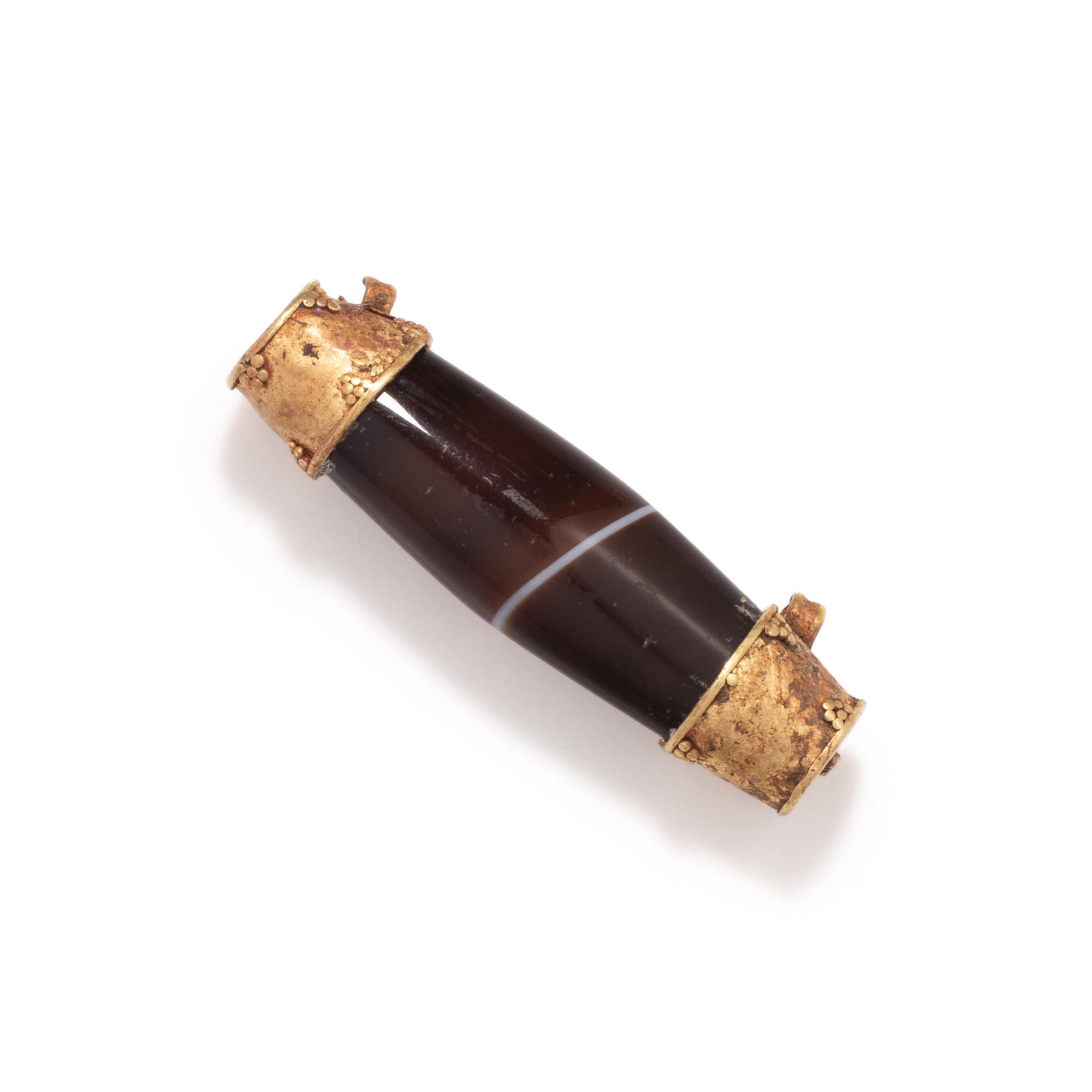 A Western Asiatic Gold and Banded Agate Bead Pendant