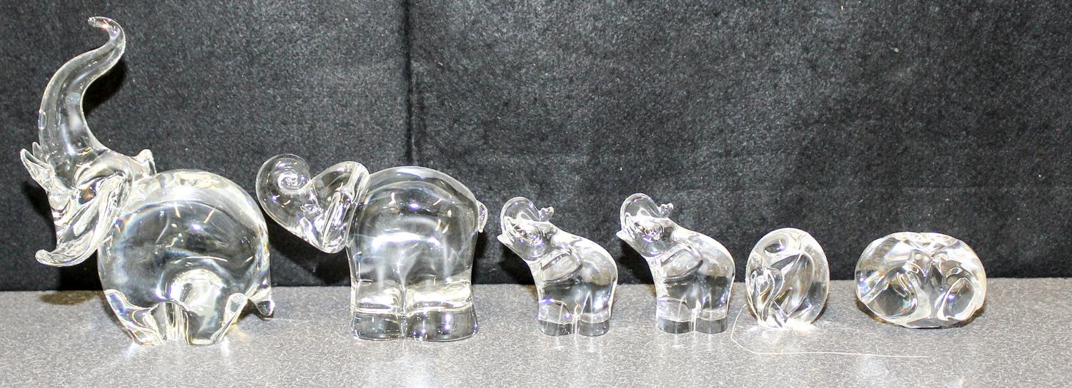 A Collection of Five Steuben Glass Elephant Figures Height of tallest 7 1/2 inches.