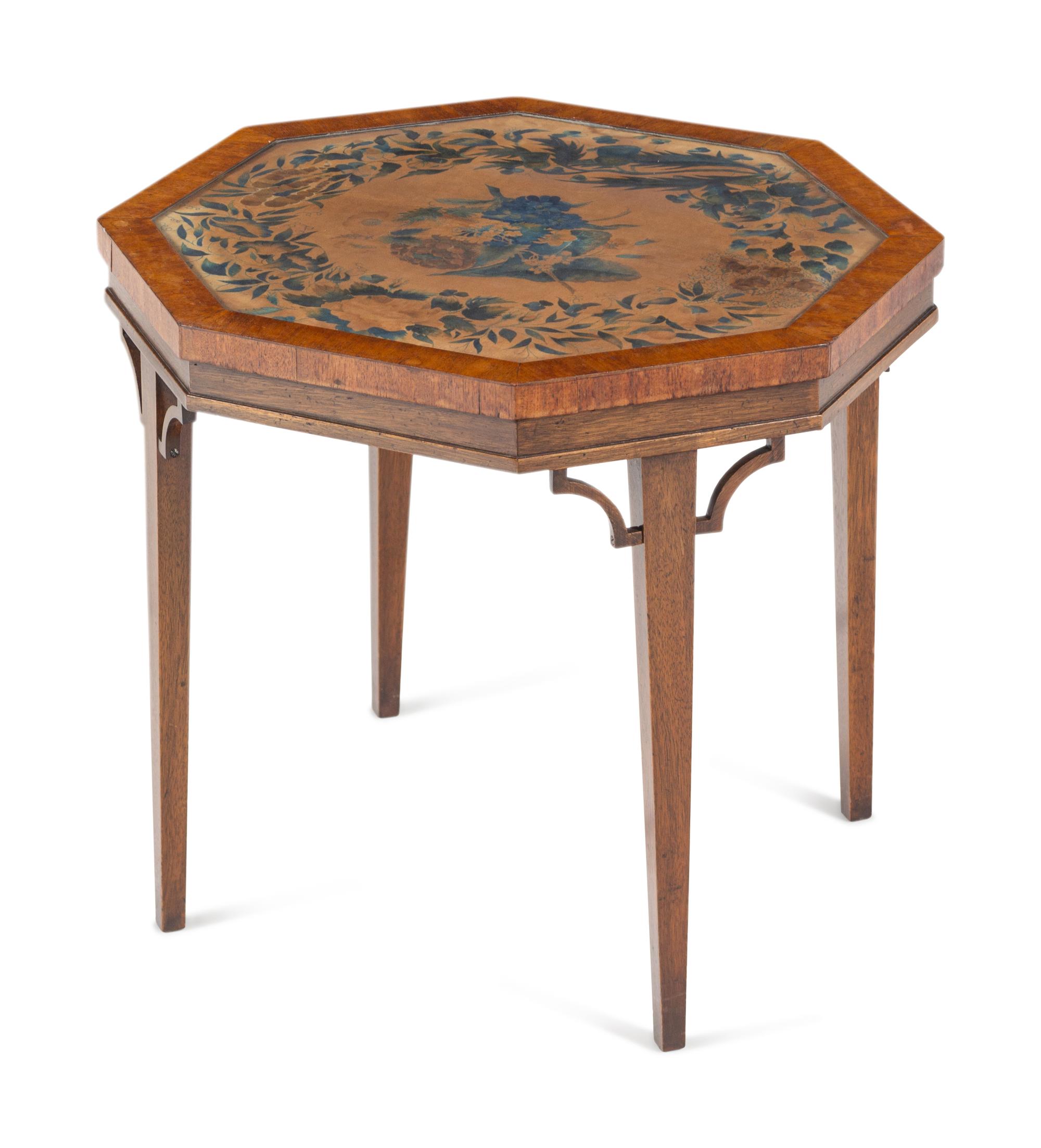 A Regency Painted Velvet, Glazed Hexagonal Table Top on Modern Stand