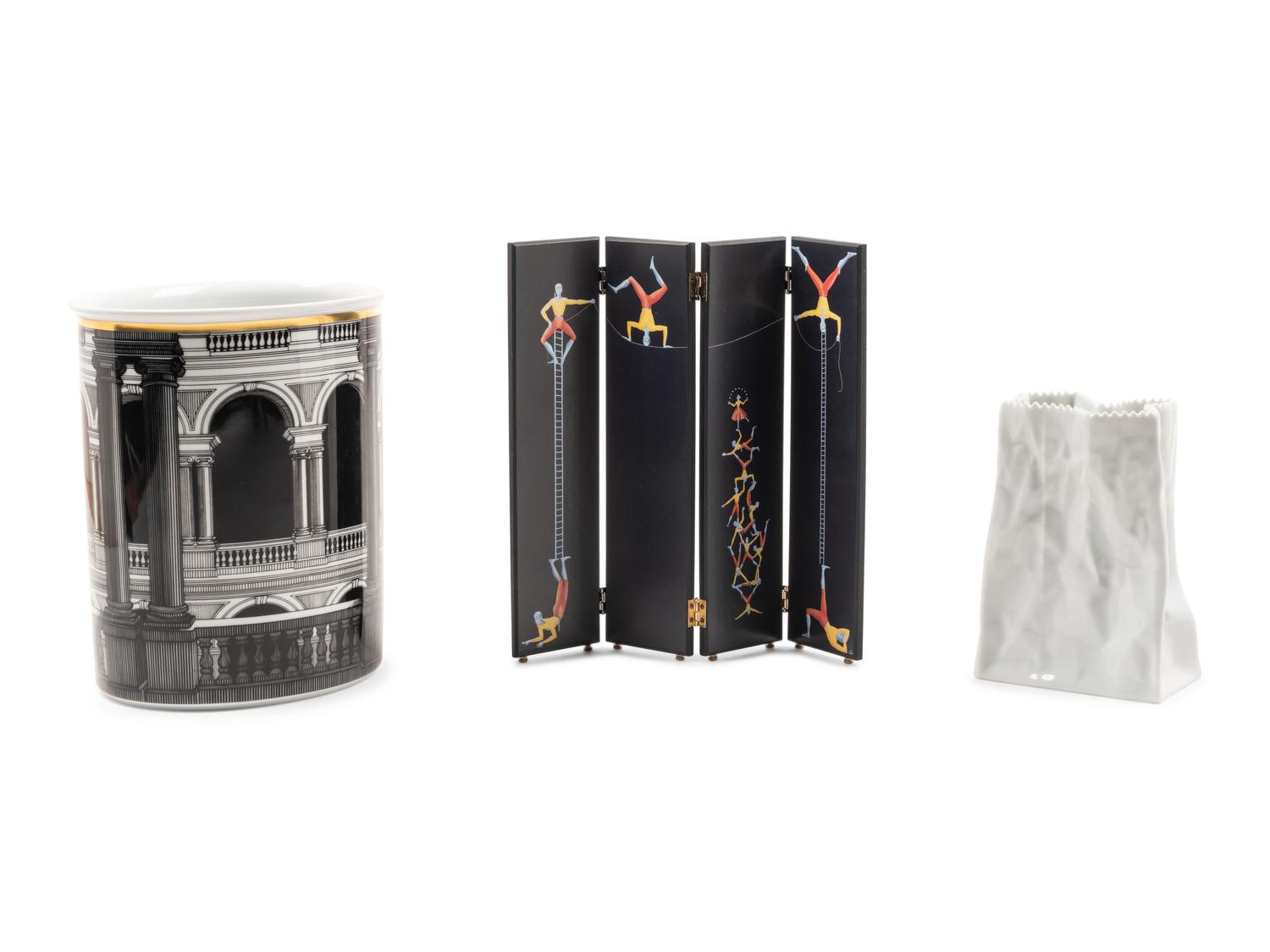 A Miniature 'Acrobats' Screen and Waste Bin, together with a Rosenthal paper bag