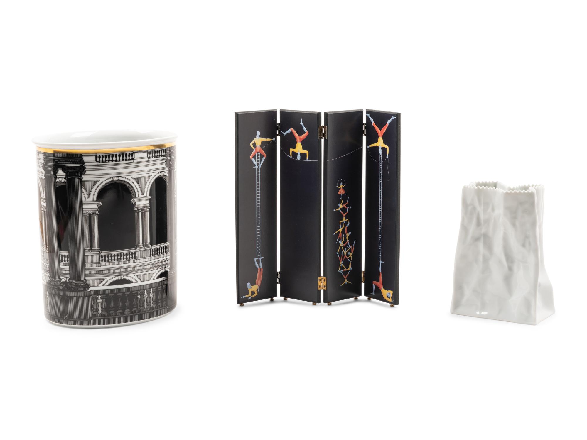 A Miniature 'Acrobats' Screen and Waste Bin, together with a Rosenthal paper bag