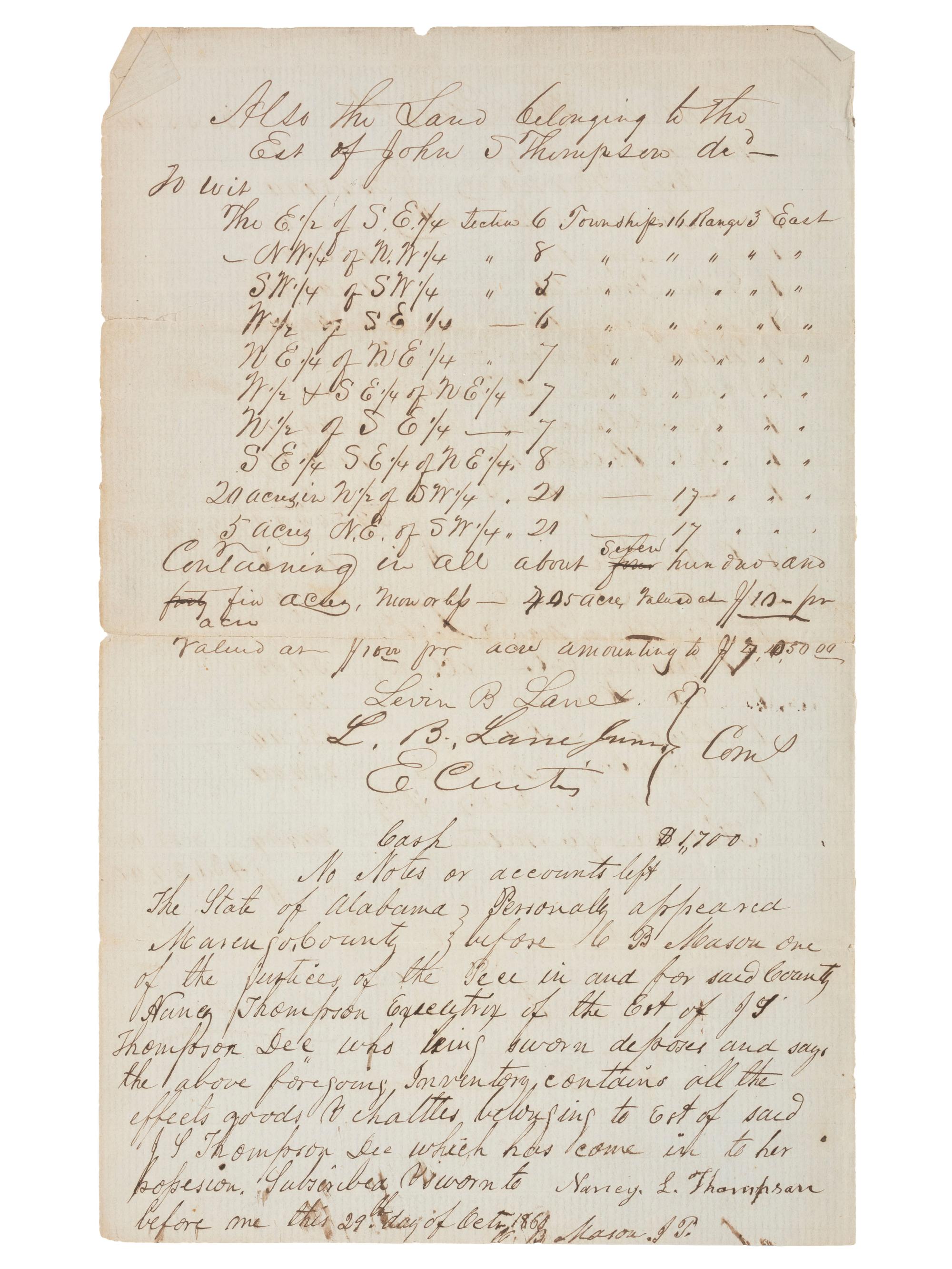 America in Manuscript [SLAVERY & ABOLITION]. Manuscript appraisement of land, household goods, and "Negro Property" identifying 37 enslaved persons. Marengo County, Alabama. 11 September 1841.