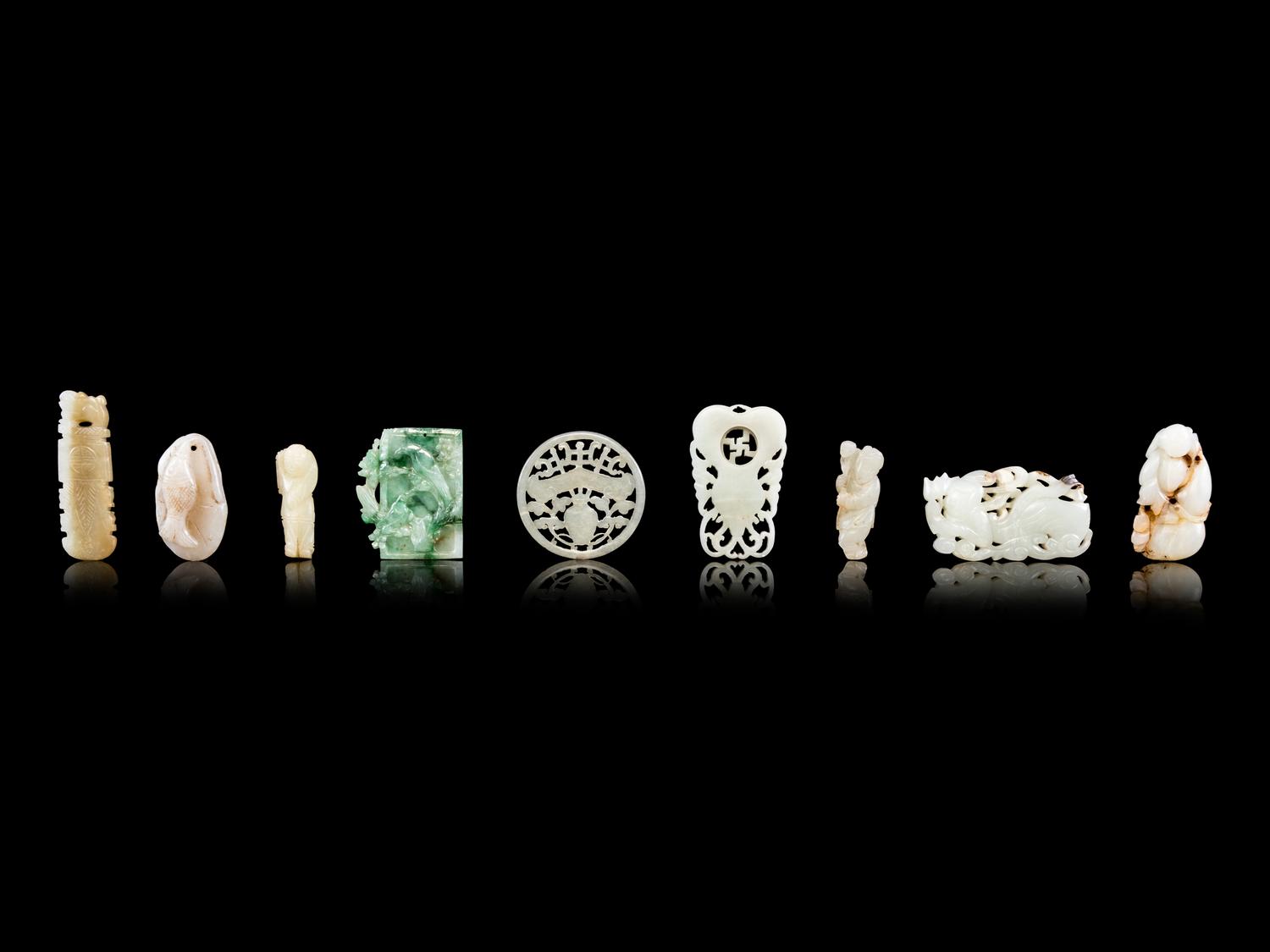Nine Chinese Jade, Jadeite, and Hardstone Pendants