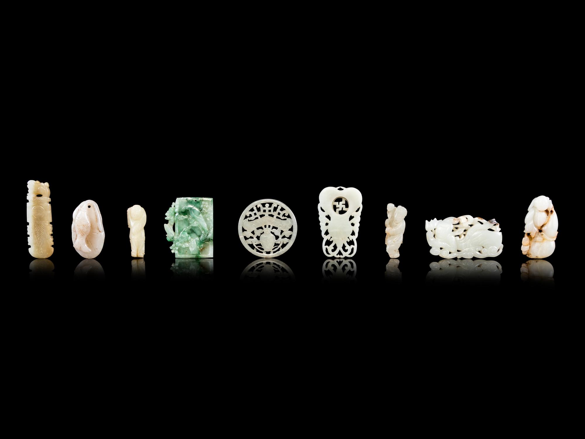 Nine Chinese Jade, Jadeite, and Hardstone Pendants