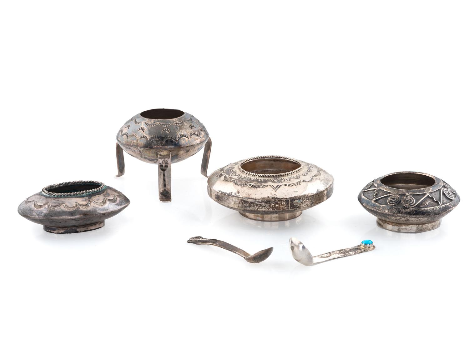 Navajo Stamped Silver Salt Jars AND Spoons