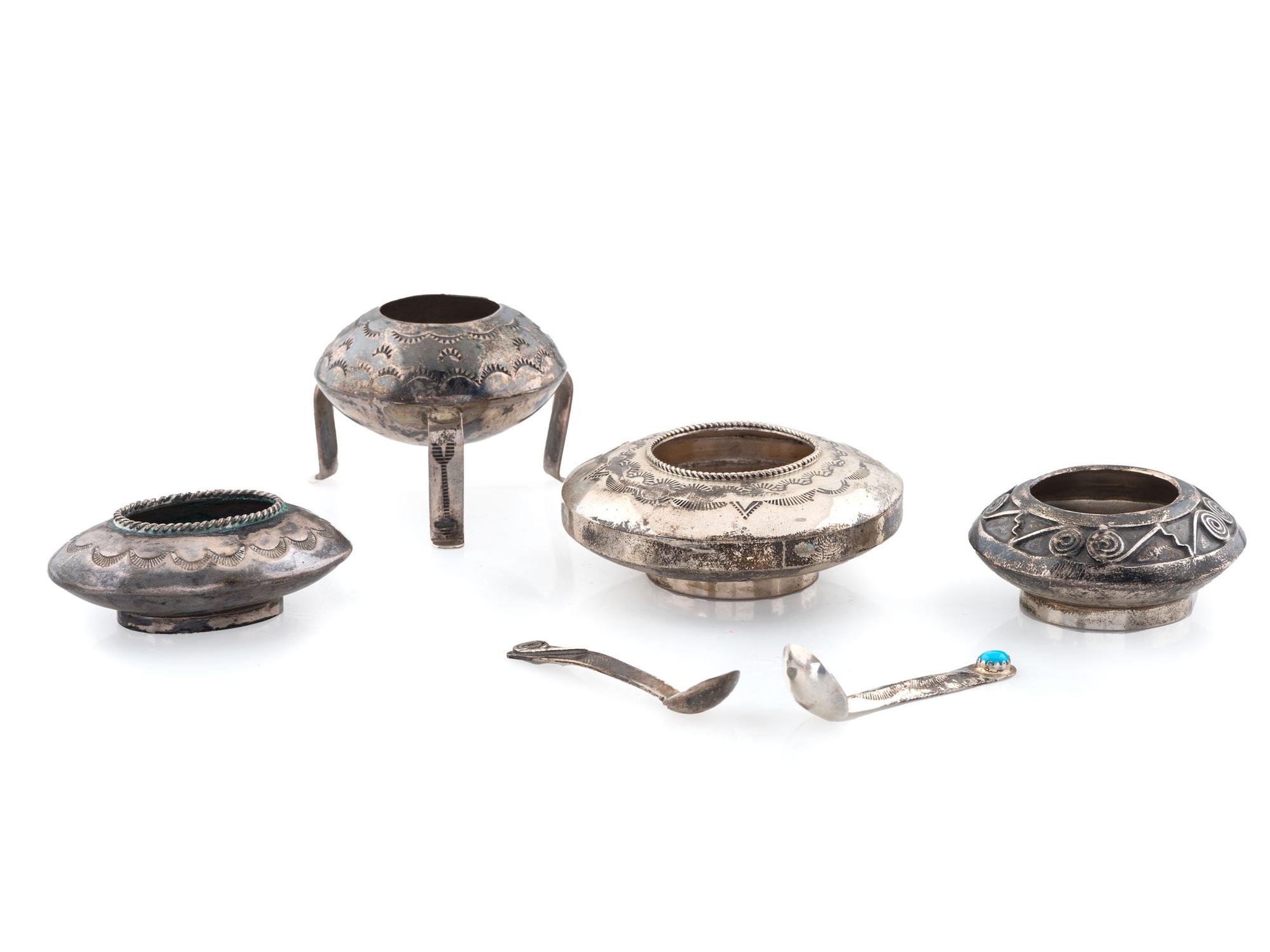 Navajo Stamped Silver Salt Jars AND Spoons
