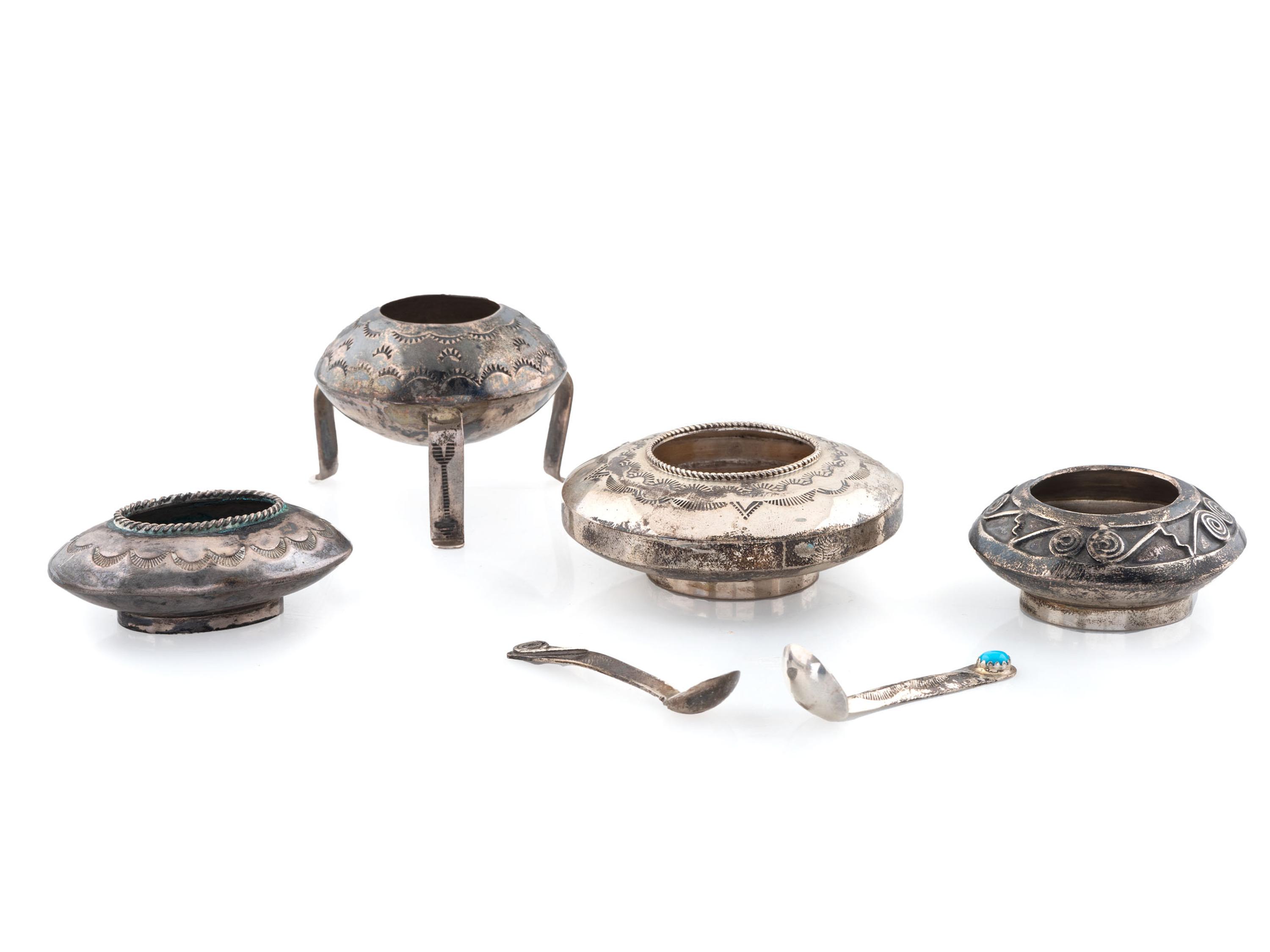 Navajo Stamped Silver Salt Jars AND Spoons