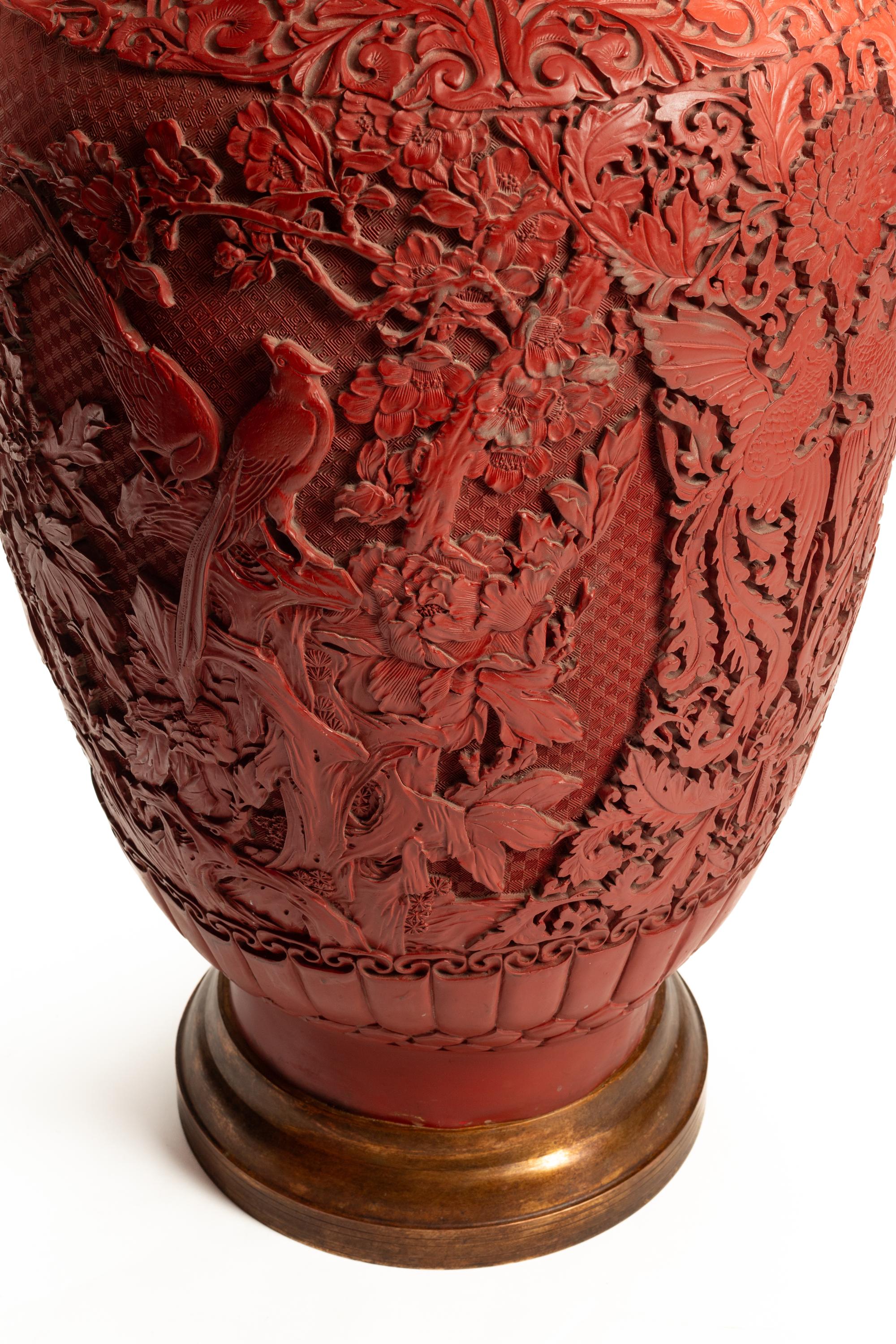 A Pair of Large Chinese Carved Red Lacquer Vases