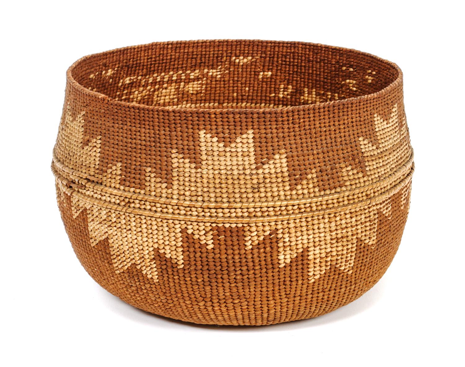 A Salish Basketry Bowl Height 6 1/4 x diameter 9 1/4 inches.