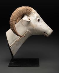 A Folk Art Carved and Painted Wood Ram's Head