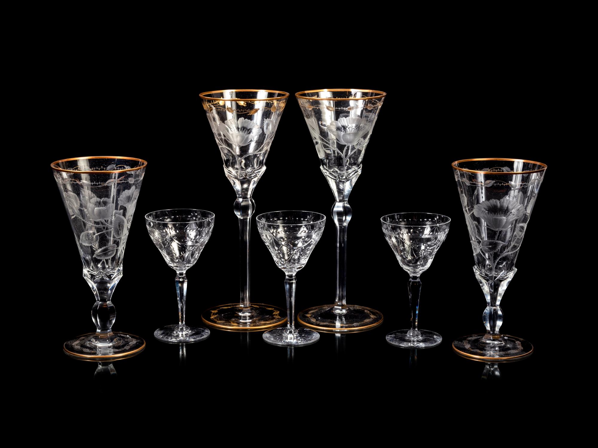 A Group of Gilt Decorated and Etched Glass Stemware Articles
