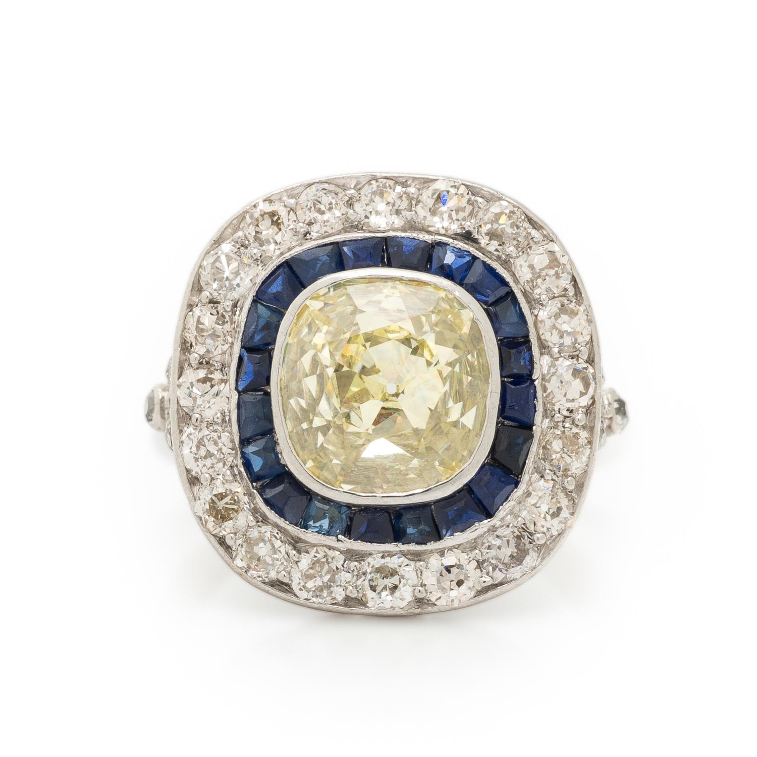 ART DECO, YELLOW DIAMOND, SAPPHIRE, AND DIAMOND RING