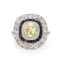 ART DECO, YELLOW DIAMOND, SAPPHIRE, AND DIAMOND RING