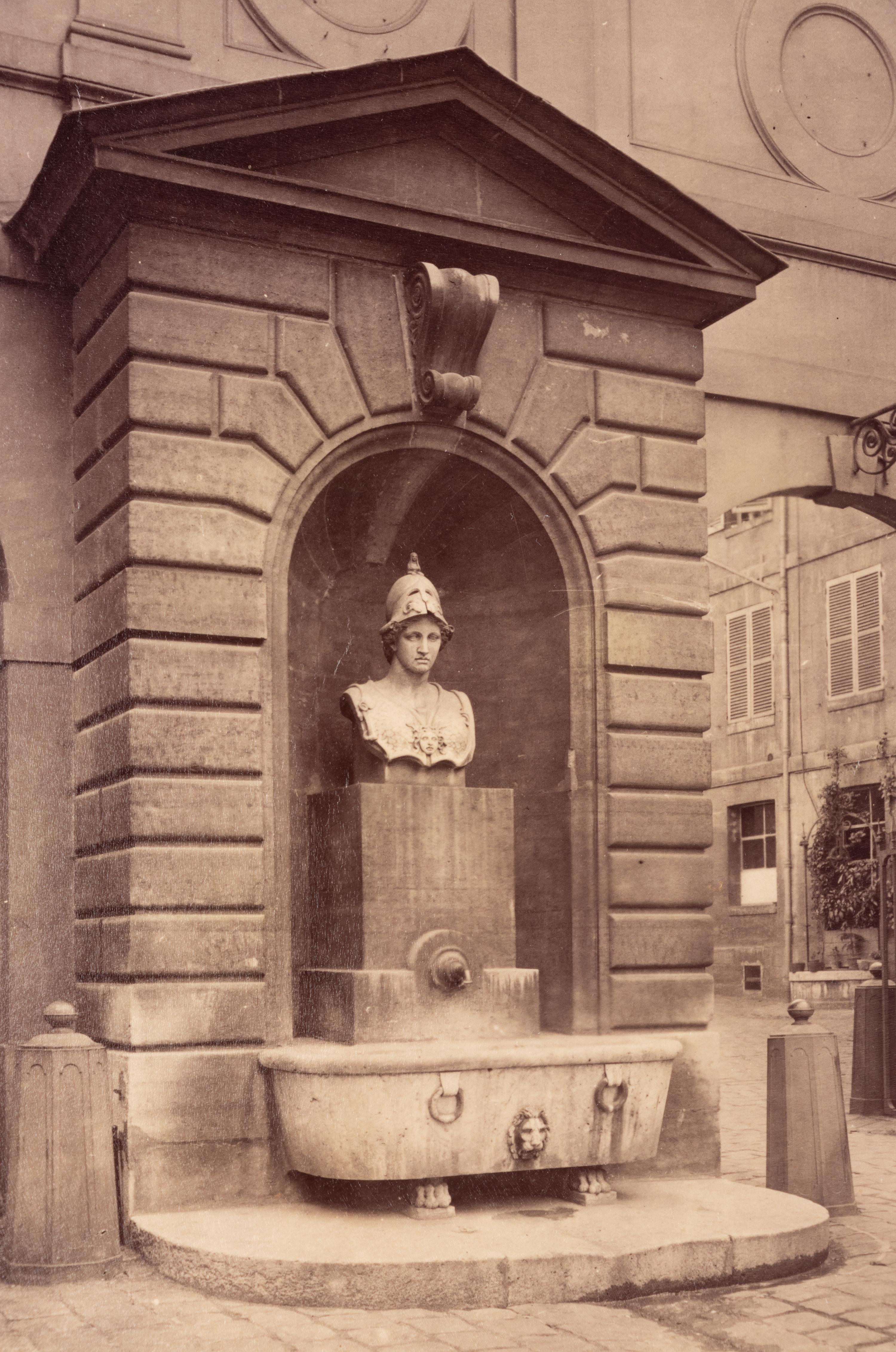 A pair of photographs depicting fountains ( Fontaine Minerve, Institut , 1899; Fontaine du Marché Saint-Honoré , 1903)