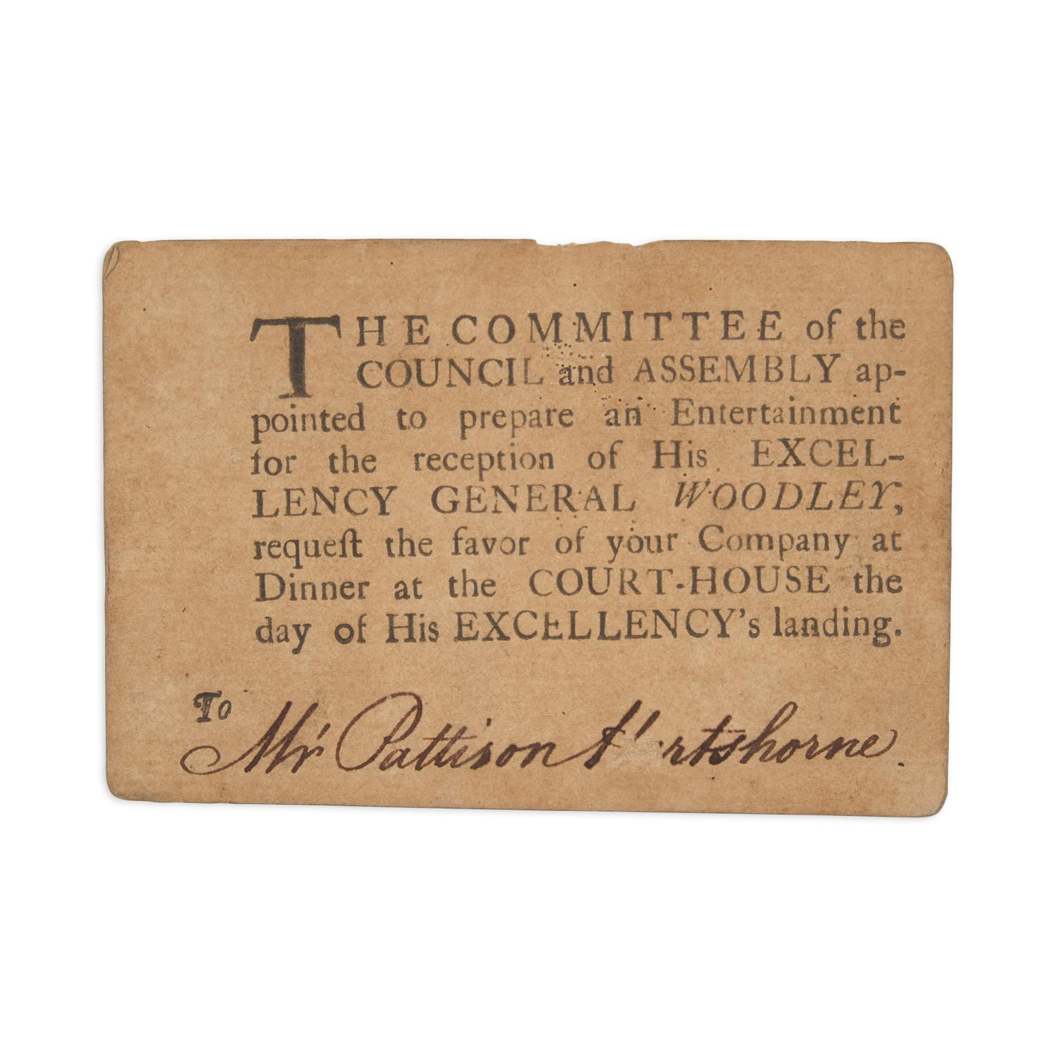 [Colonial Americana] Partially-Printed Invitation From the First Governor of the Leeward Islands, West Indies, to a Philadelphia Quaker