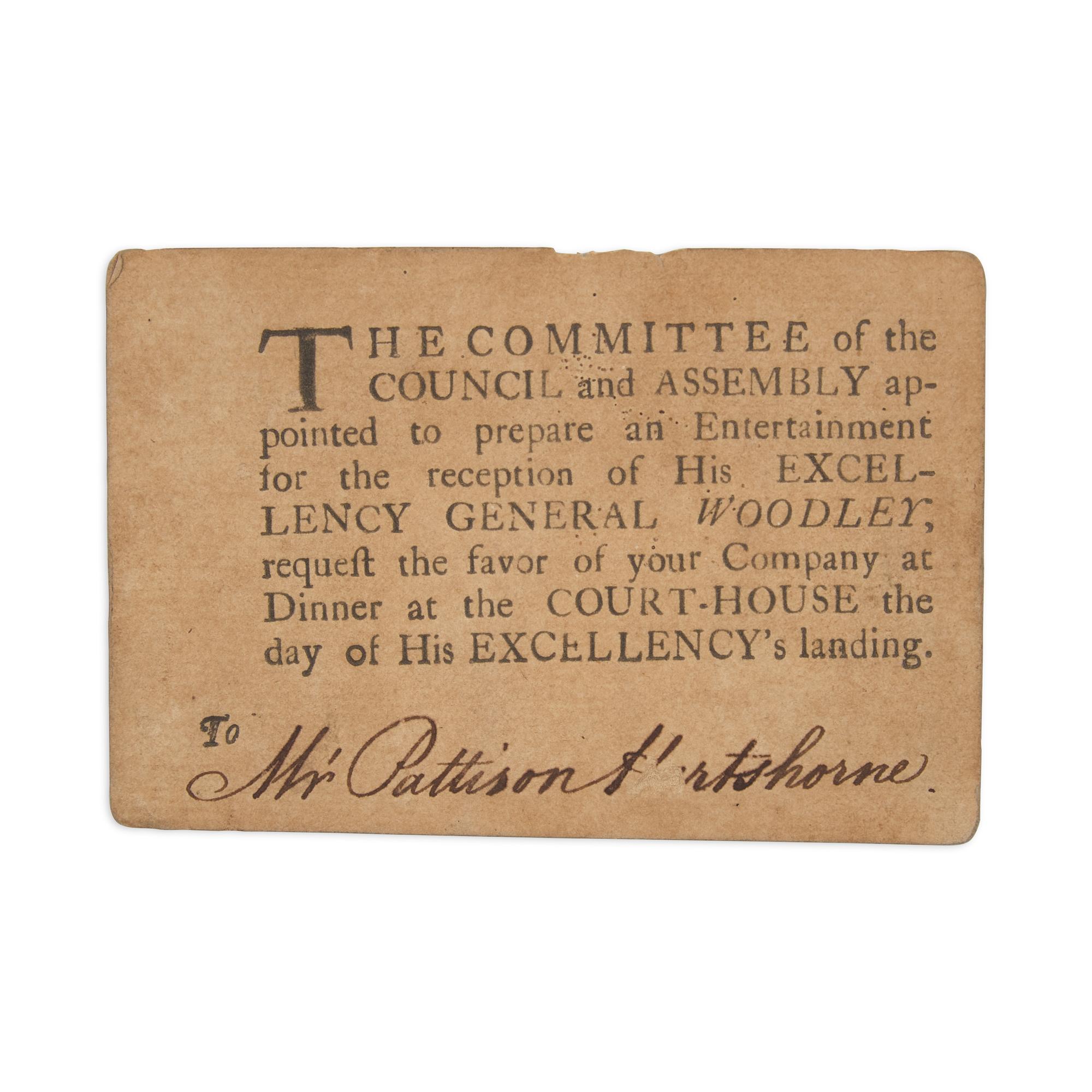 [Colonial Americana] Partially-Printed Invitation From the First Governor of the Leeward Islands, West Indies, to a Philadelphia Quaker