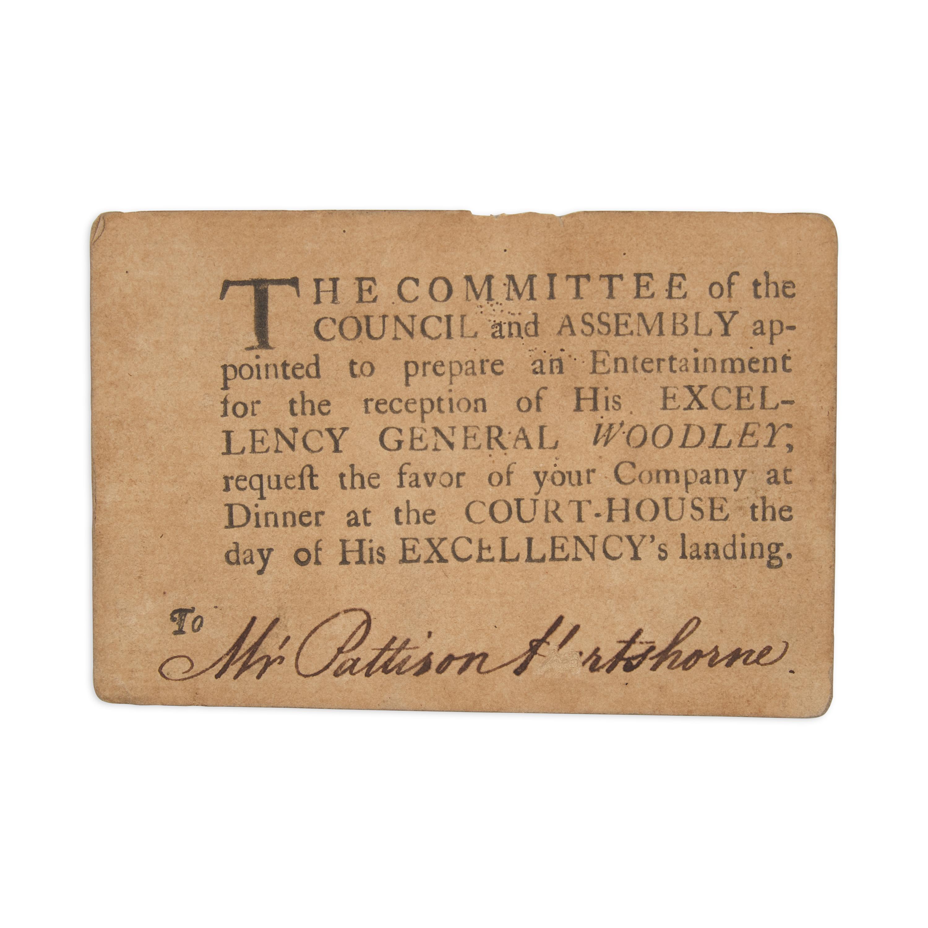 [Colonial Americana] Partially-Printed Invitation From the First Governor of the Leeward Islands, West Indies, to a Philadelphia Quaker