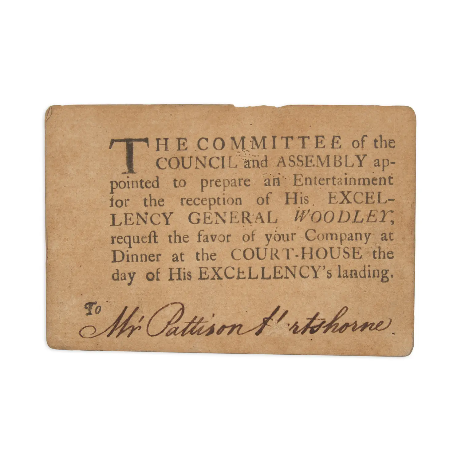 [Colonial Americana] Partially-Printed Invitation From the... | Freeman's