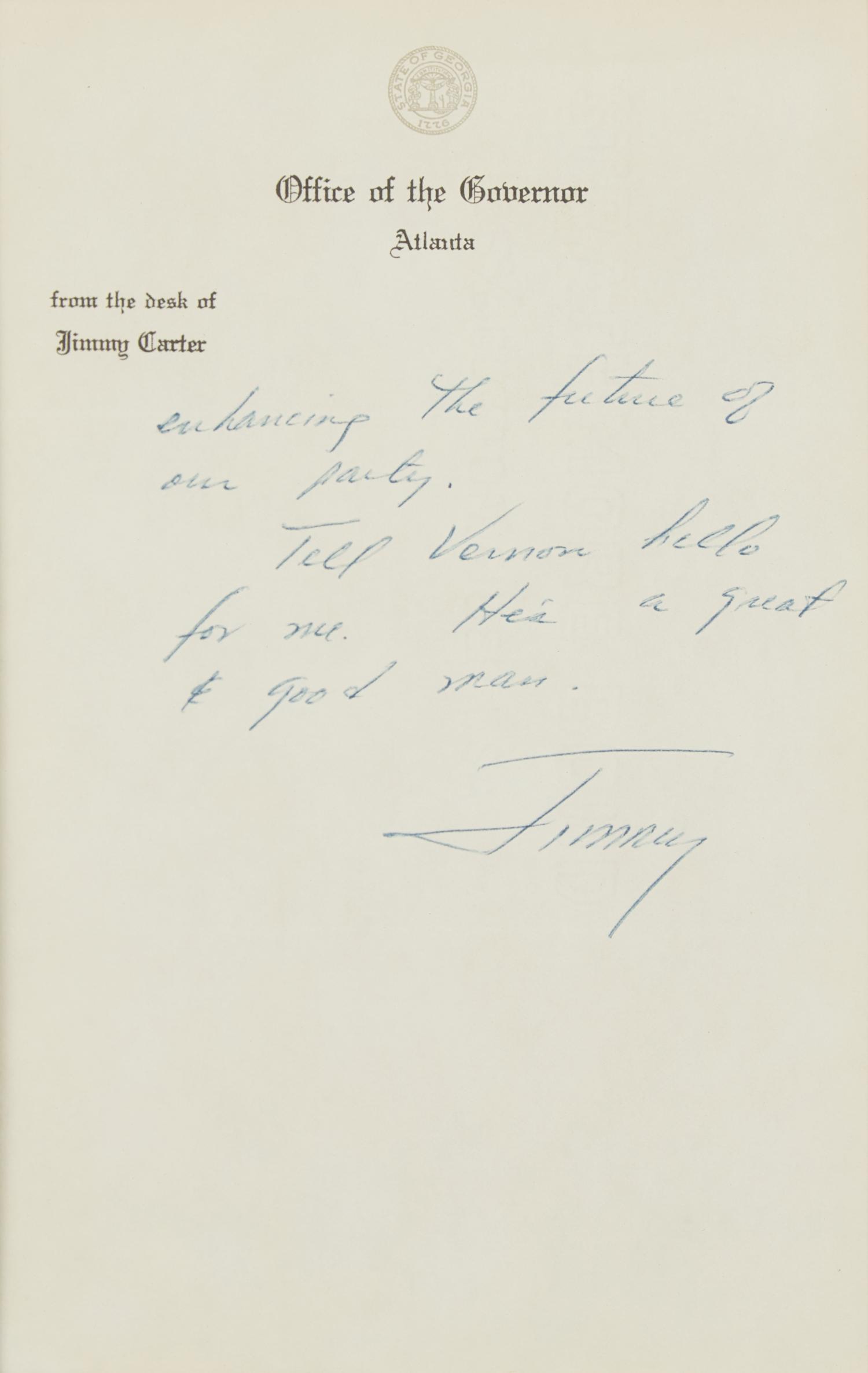 [Presidential] Carter, Jimmy. Autograph Letter, signed
