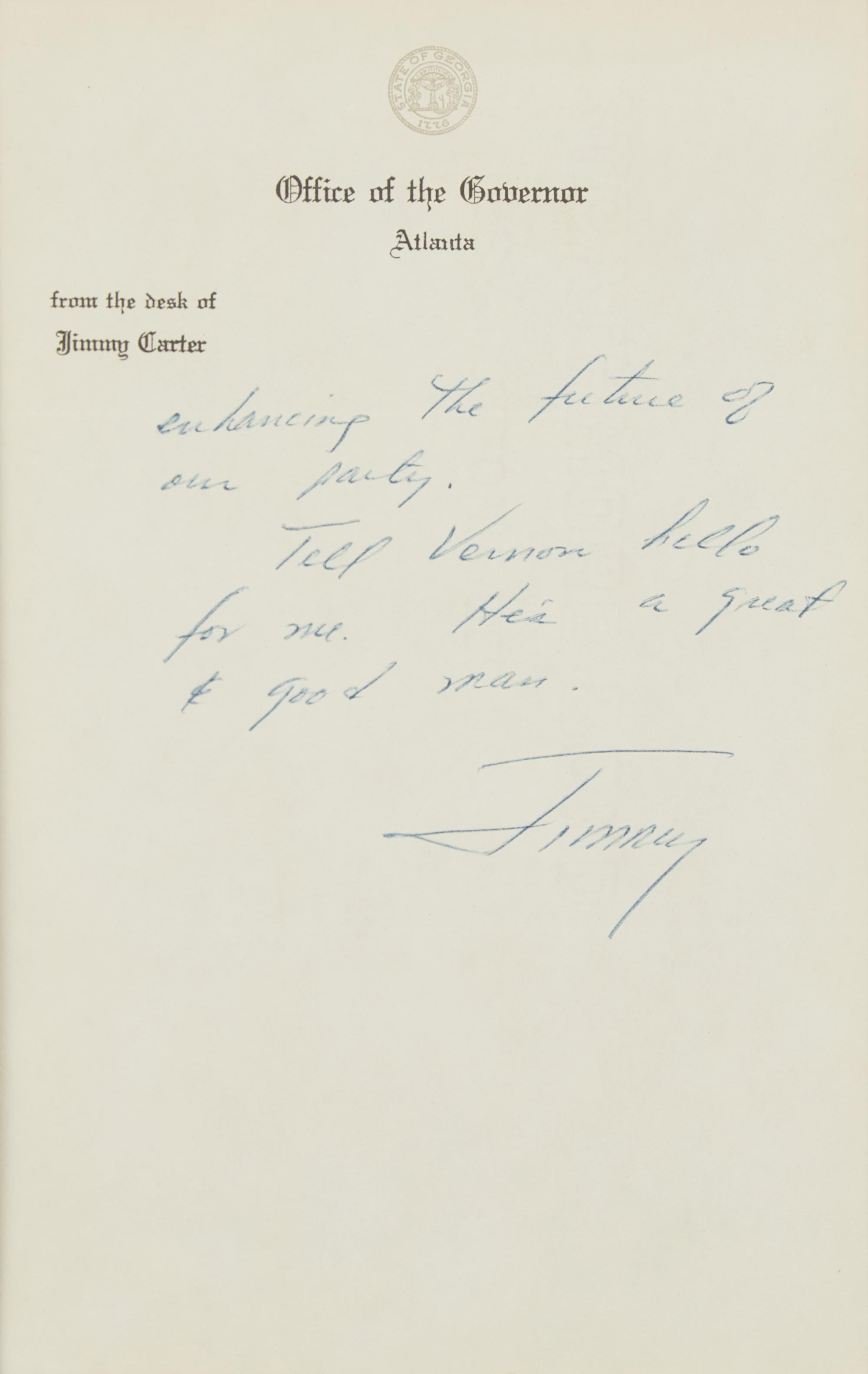 [Presidential] Carter, Jimmy. Autograph Letter, signed