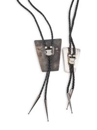 Pair of Navajo Silver Bolo Ties, with Turquoise and Coral Chip Inlay